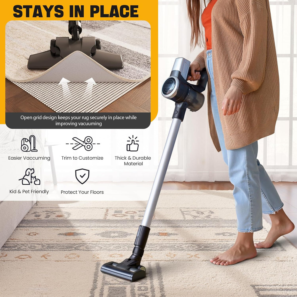 Non-Slip Rug Pad Gripper 10x14 Feet, Anti Skid Mat for Under Area Rugs, Keeps Rugs in Position and Safe, Thick Cushioned Carpet Pad for Hardwood Floors Protection