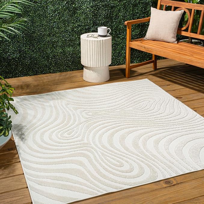 JONATHAN Y Maribo High-Low Abstract Striped Cream/Ivory 9x9 Square Indoor/Outdoor Area Rug, Pet Friendly, Non-Shedding, Stain Resistant, Easy-Cleaning for Backyard, Patio, Porch (SCN103A-9SQ)