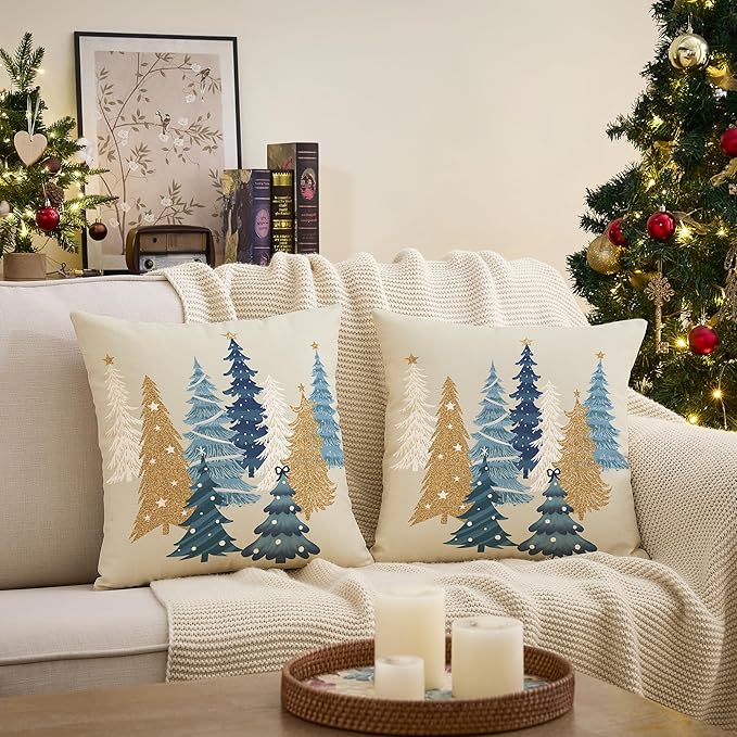 Christmas Pillow Covers 18x18 Inch Set of 2 Blue Decorative Christmas Tree Throw Pillows Linen Winter Holiday Decor for Home Sofa Couch Bed Chair