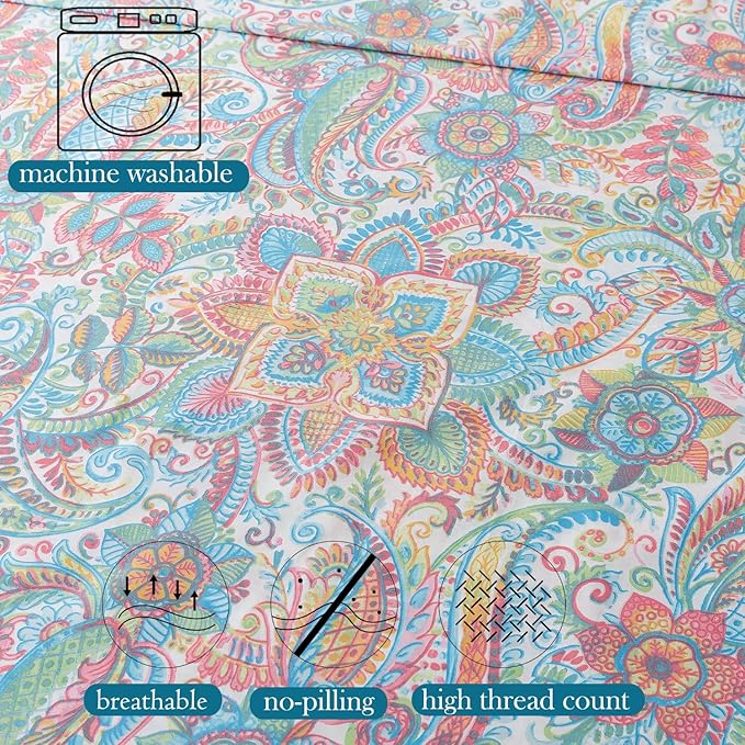 Zusbest King Size Sheets 100% Cotton Pink Green Paisley Floral Bed Sheet Set Watercolor Bedding Luxury Soft Breathable Crispy Cooling Percale Printed Sheet 17.5 Inches Deep Pocket Bed Set King, 4Pcs