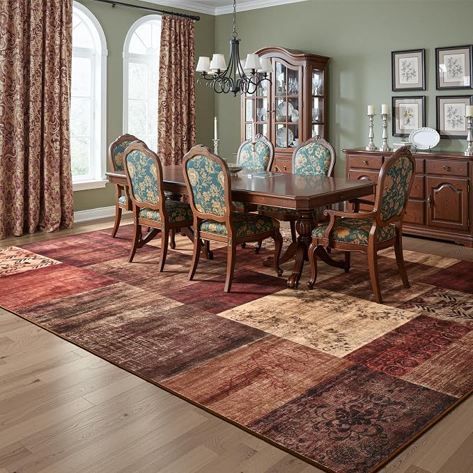 Tepook Modern Area Rug for Living Room, 6x9 Geometric Large Rugs for Bedroom, Washable Patchwork Rug Indoor Non-Slip Throw Carpets for Dining Room Office Farmhouse Home Decor, Red