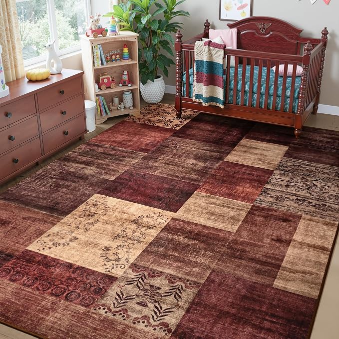 Tepook Modern Area Rug for Living Room, 4x6 Geometric Large Rugs for Bedroom, Washable Patchwork Rug Indoor Non-Slip Throw Carpets for Dining Room Office Farmhouse Home Decor, Red
