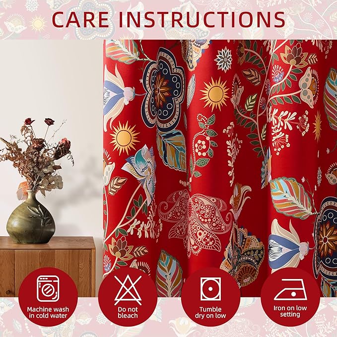 XiDi Vintage Floral Curtains 90 Inches Long for Bedroom Living Room Red Patterned Blackout Curtains 2 Panels Thermal Insulated Luxury Curtains Flower Botanical Leaf Printed Grommet Drapes Red 52x90