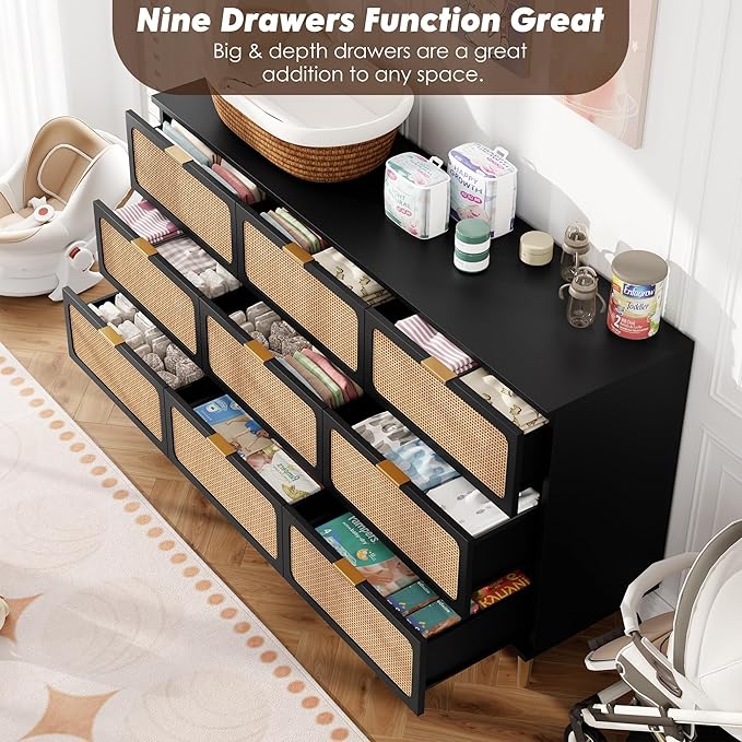 Garvee Rattan Dresser with 9 Drawers, Tall Modern Closet with Deep Storage, Large Chest of Drawers with Wide Top, Long Wooden Dresser for Bedroom, Living Room, Hallway, Kids Room, Black