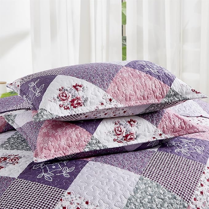 Dinjoy Purple Quilt Set Full Size, Reversible Floral Plaid Patchwork Pattern Bedding Set Soft Microfiber Lightweight Bedspread 3 Piece Spring Summer Fall Use (78x90 inches)