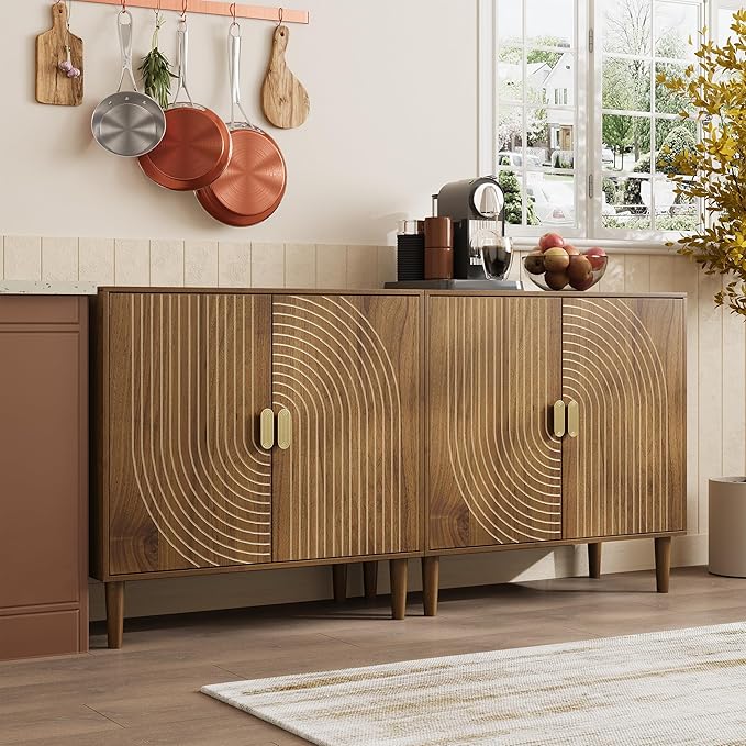 Smuxee Walnut Sideboard Cabinet, Freestanding Buffet Cabinet with Line Groove Design, Wood Storage Cabinet with Adjustable Shelf for Living Room, Entryway, Hallway