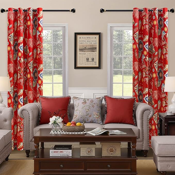 XiDi Vintage Floral Curtains 90 Inches Long for Bedroom Living Room Red Patterned Blackout Curtains 2 Panels Thermal Insulated Luxury Curtains Flower Botanical Leaf Printed Grommet Drapes Red 52x90