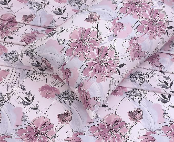 Ruvanti 100% Cotton Bed Sheets, 4 Pcs Bed Sets, Lilac Floral Print Full Size Sheets Set, Soft, Breathable, Deep Pocket Sheets, Cooling Bedding Sheets Set Include 1 Flat, 1 Fitted Sheet, 2 Pillowcases.