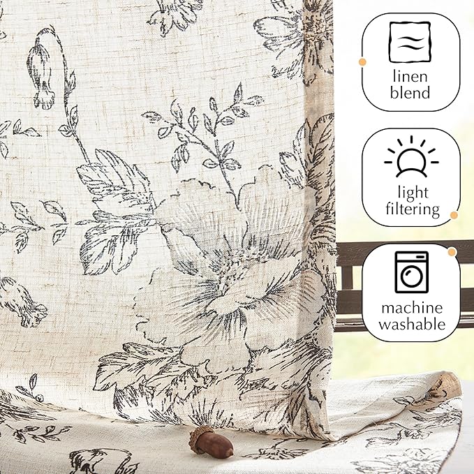 jinchan Pinch Pleated Curtains Floral Linen Blend Curtains for Living Room 63 Inch Length Black Peony Flower Printed Curtain Rod Pocket Back Tab Farmhouse Pinch Pleat Drapes with Hooks Set 2 Panels