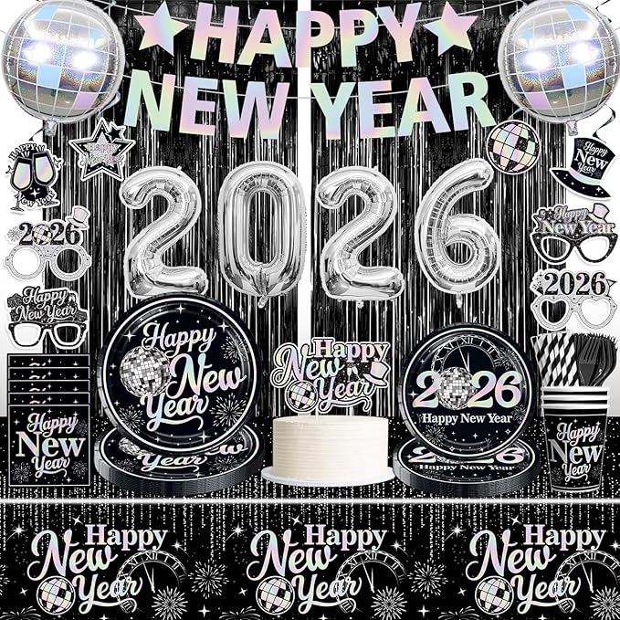New Years Decorations 2026, New Years Eve Party Banner, Glasses, Foil Balloons, Black Fringe, Happy New Year Plates and Napkins, Silver and Black Nye Party Decorations New Year's Eve Party Supplies