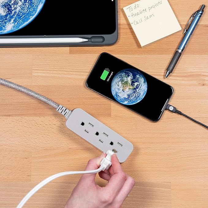 GE Pro 3 Outlet Surge Protector Power Strip, 8 Ft Designer Braided Extension Cord, Flat Plug, Wall Mount, Heather Gray, 45916