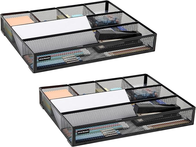 Mind Reader Drawer Organizer, Desk Org, Utensil Organizer, Office, Kitchen, Metal Mesh, Set of 2, Black