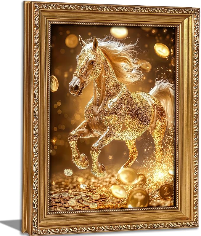 Vintage Gold Framed Gold Horse wall art Golden Money and Horse Wall Decor Wealth and Horses print artwork for office Business People Living Room home decor 12X16in