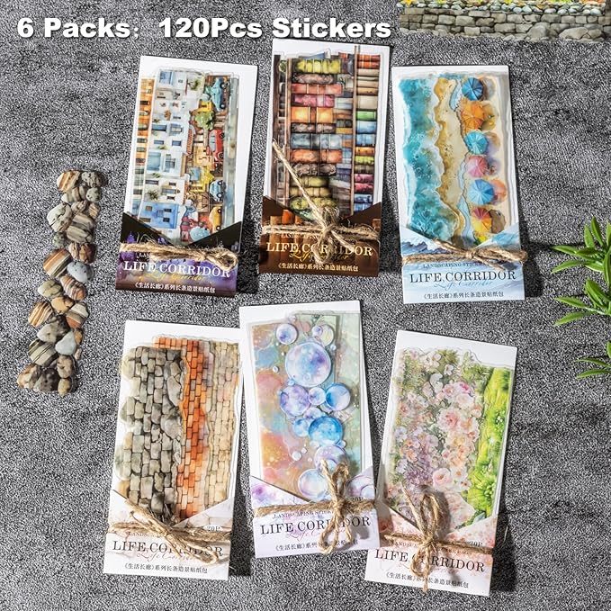 AuriicLeaf PET Scrapbook Stickers Set, 120PCS Journaling Supplies with 6 Themes Book Wall Ocean City Tree Bubble Decorative Stickers for DIY Crafts and Planners