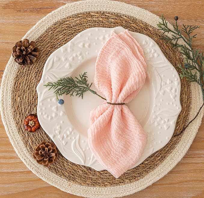 Cheesecloth Napkins 17x17 Inches Cloth Washable Reusable Handmade for Mothers Day Lunch Dinner Wedding Baby Bridal Shower Party Rustic Boho Decorations Bulk Set of 10 Pink