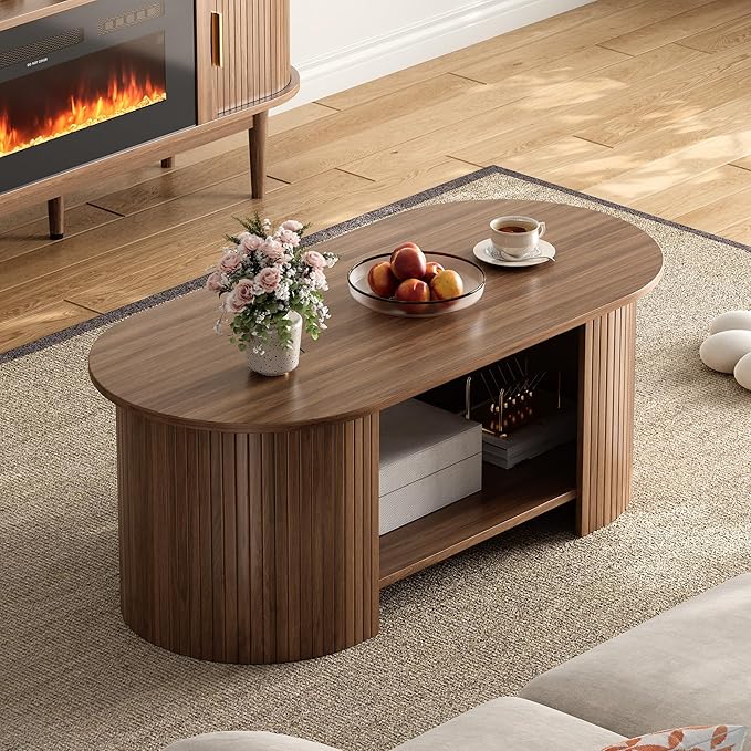 OneBlis Oval Fluted Coffee Table, 2-Tier Center Table with Large Storage, Mid-Century Modern Wood Coffees Table for Living Room, Home Office, Small Space, Walnut