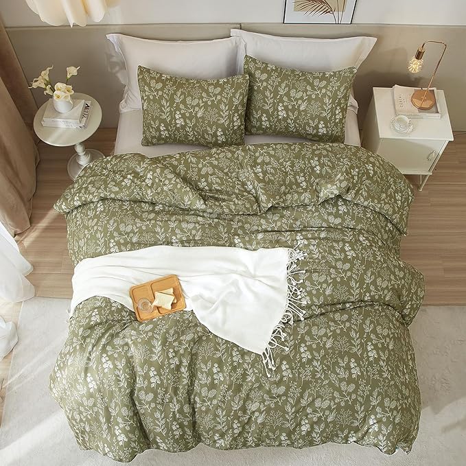 HighBuy Olive Green Comforter Full Size Garden Style Flower Leaves Bedding - Aesthetic Floral Boho Chic Bedding Set - 3 Piece, 1 Comforter + 2 Pillowcases
