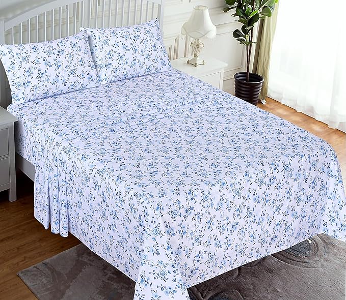 RUVANTI 100% Cotton Sheets Queen Size Set, 4 Pieces, Soft & Breathable Percale Weave Bedding, Deep Pocket 16", Hotel Standard, Crisp Cool Feeling, Durable, Perfect Floral Bed Sheet, Annual