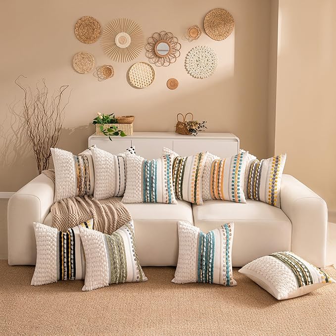 KOOLIFE Boho Chenille Tufted Couch Throw Pillow Covers 18x18 Inch Set of 2 Farmhouse Striped Decorative Pillow Covers Accent Neutral Pillowcase Black Cushion Cover for Living Room Sofa Bed