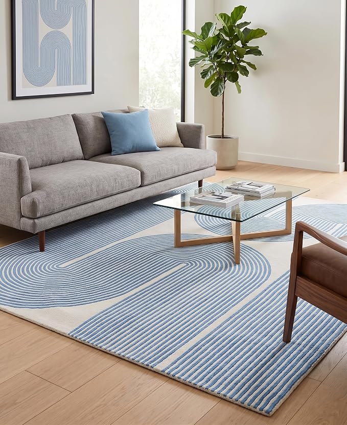 Modern Handmade Wool Area Rug, Abstract Curved Line Geometric Indoor Carpet for Living Room Bedroom, Contemporary Tufted Rug with Soft Pile and Cotton Backing (Sky Blue, 8' x 12')