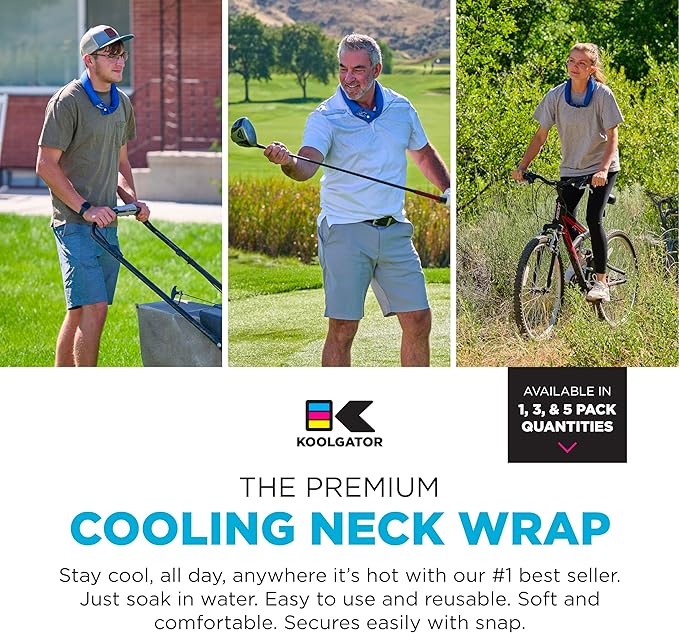 KOOLGATOR Evaporative Cooling Neck Wrap – Reusable Neck Cooler with Long Lasting Relief During Hot Weather Activities, Sports, & Outdoor Work, Water Drops, 5 Pack