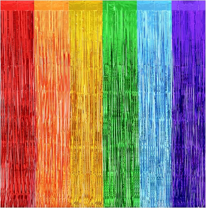 Thicken Rainbow Streamers 2 Pack 3.2 x 8.2 FT for Rainbow Birthday Party Decorations, Tinsel Backdrop Curtains, Foil Fringe Photo Backdrop for Fiesta, Mexican, Pride, Baby Shower Decorations
