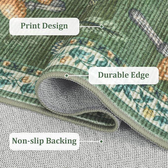 5x7 Washable Mushroom Floral Small Rug Non Slip Living Room Vintage Area Rug Low Pile Soft Bedroom Rugs Non Shedding Kitchen Rugs Boho Retro Indoor Carpet for Kids Nursery Room, Green