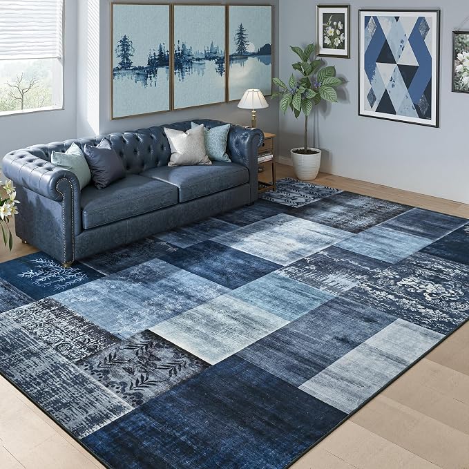 Tepook 6x9 Blue Area Rugs for Living Room, Modern Large Geometric Rug for Bedroom, Washable Patchwork Rug Indoor Non Slip Throw Carpets for Dining Room Office Farmhouse Home Decor