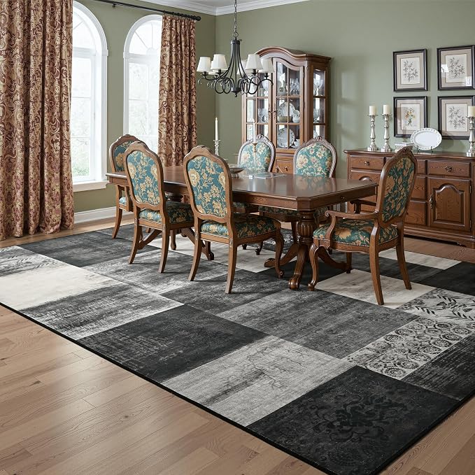 Tepook 8x10 Area Rugs for Living Room, Modern Large Geometric Rug for Bedroom, Washable Patchwork Rug Indoor Non Slip Throw Carpets for Dining Room Office Farmhouse Home Decor, Black and White