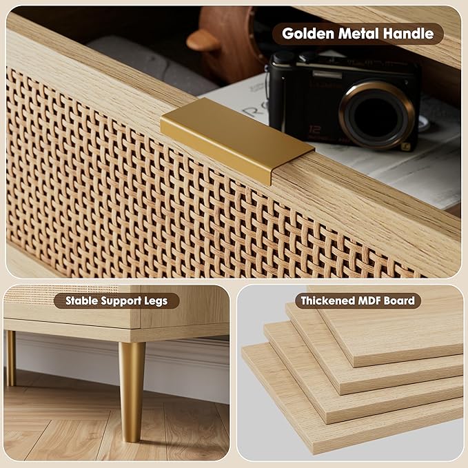 Garvee Rattan Dresser with 9 Drawers, Tall Modern Closet with Deep Storage, Large Chest of Drawers with Wide Top, Long Wooden Dresser for Bedroom, Living Room, Hallway, Kids Room, Natural