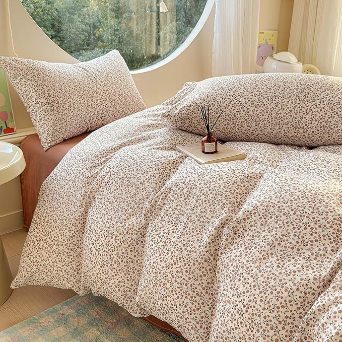 LifeTB Muslin Cotton Duvet Cover Set Queen Size Vintage Floral Duvet Cover Ultra Soft Breathable Comforter Cover Chic Flower Bedding Set Linen Feel Textured Gauze Comforter Cover with Zipper Closure