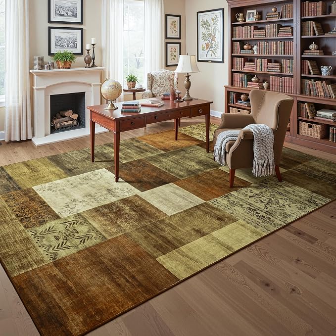 Tepook Modern Area Rug for Living Room, 6x9 Geometric Large Rugs for Bedroom, Washable Patchwork Rug Indoor Non-Slip Throw Carpets for Dining Room Office Farmhouse Home Decor, Brown