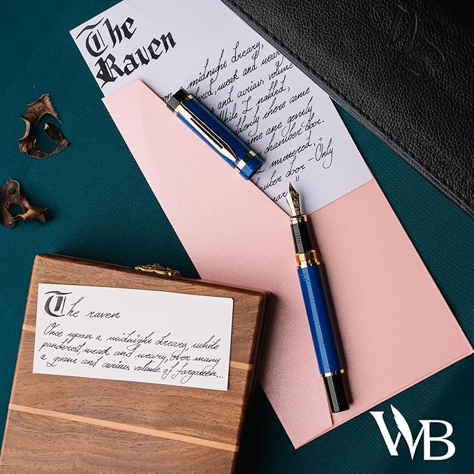 Wordsworth & Black Primori Fountain Pen Set - Blue Gold, Medium Nib, Gift Case, 24 Ink Cartridges, Refill Converter, Manual, Smooth Writing, Left & Right Handed