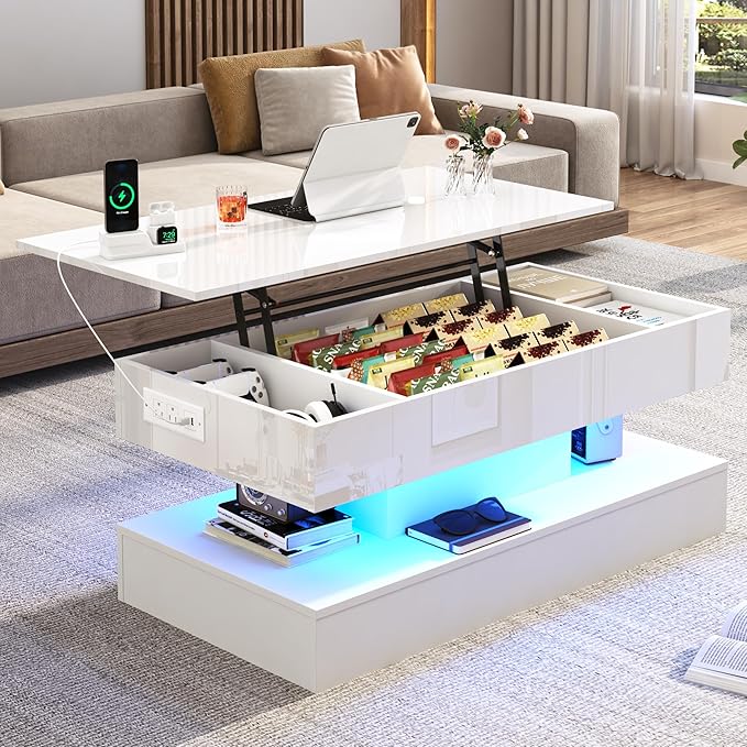 39.4" Large Lift Top Coffee Table,Modern High Glossy LED Coffee Tables for Living Room with Storage,Black Living Room Tables for Living Rooms,Dining Room,Bedroom Home Office,APP LED Lights（White）