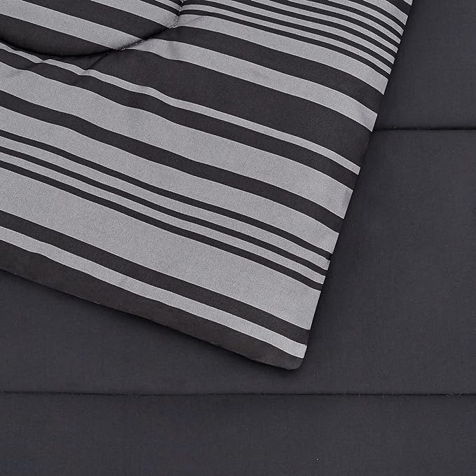Amazon Basics Full/Queen Comforter Set with Sheets, 7-Piece Gray Calvin Stripe Bedding, Lightweight Microfiber Bed-in-a-Bag, Striped