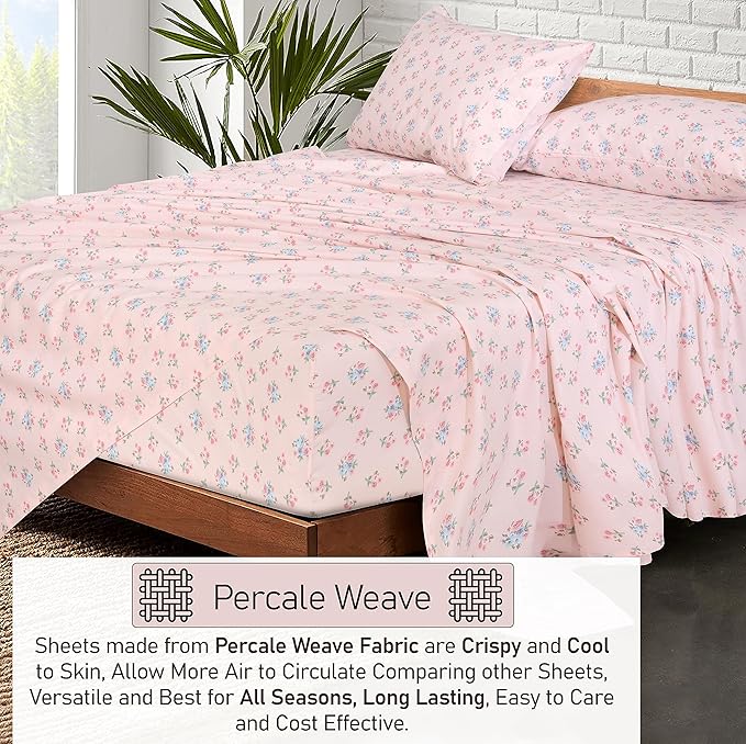 RUVANTI 100% Cotton Sheets Queen Size Set, 4 Pieces, Soft & Breathable Percale Weave Bedding, Deep Pocket 16", Hotel Standard, Crisp Cool Feeling, Durable, Perfect Floral Bed Sheet, Spring On