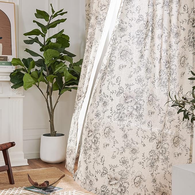 jinchan Linen Blend Curtain Floral Curtains Extra Wide for Living Room 84 Inch Length Black Printed Curtain Back Tab Farmhouse Peony Flower Patterned Drapes Bedroom Window Curtains Set 2 Panels