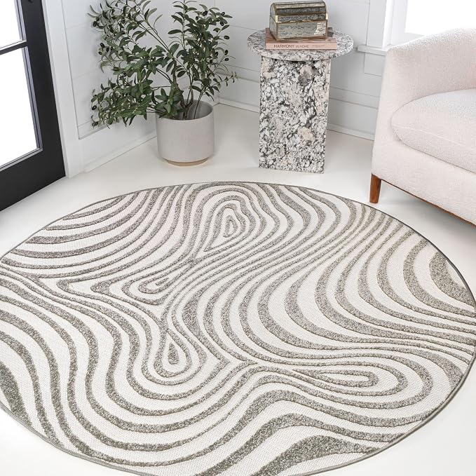 JONATHAN Y Maribo High-Low Abstract Striped Gray/Ivory 9' Round Indoor/Outdoor Area Rug, Pet Friendly, Non-Shedding, Stain Resistant, Easy-Cleaning for Backyard, Patio, Porch (SCN103B-9R)