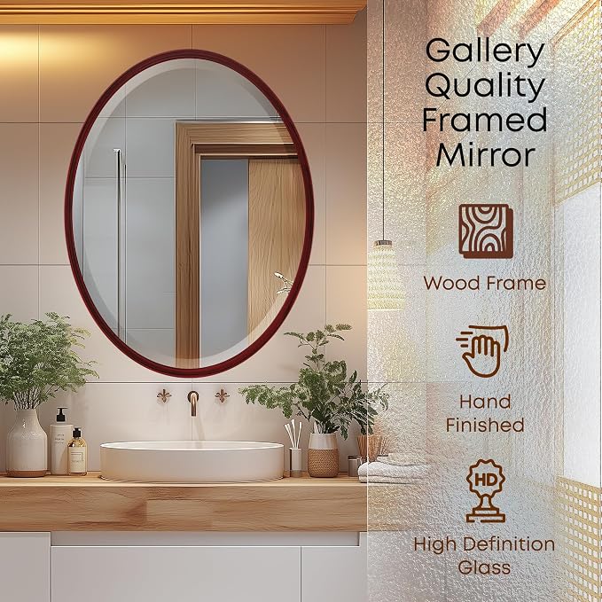 OVALCREST - Oval Wooden Beveled Wall Mirror for Home Decor, Bathroom, Vanity, Bedroom, Living Room, Hallway - London Style (Black Cherry) 41.1 x 31.1