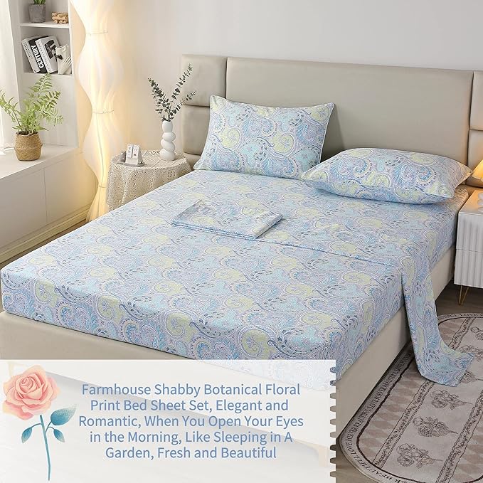 RYNGHIPY Cotton Sheets Floral Print King Size Sheet Sets Flower Botanical Pattern Egyptian Cotton Bed Sheets Soft and Breathable Deep Pockets (Blue,King Size)