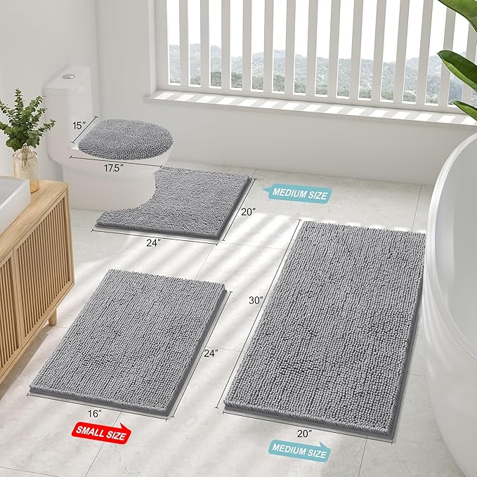 Smiry Luxury Chenille Bathroom Rugs 59x20, Extra Soft and Absorbent Shaggy Bath Mat, Machine Washable, Non-Slip Plush Carpet Runner for Tub, Shower, and Floor, Home Decor Accessories, Grey