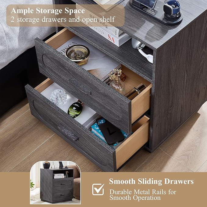 Gray Night Stand with Charging Station, 21.7" Wide Wood End Table with 2 Storage Drawers, Open Shelf & Unique Base, Mid Century Modern Bedside Table for Bedroom, Living Room, Gray