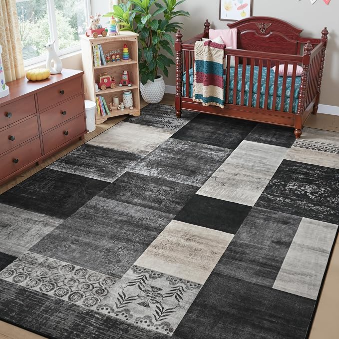 Tepook 5x7 Area Rugs for Living Room, Modern Large Geometric Rug for Bedroom, Washable Patchwork Rug Indoor Non Slip Throw Carpets for Dining Room Office Farmhouse Home Decor, Black and White