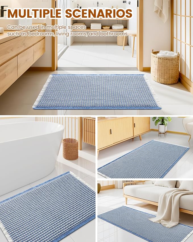 Smiry Waffle Bath Mat 30x20, Extra Soft Absorbent Bathroom Rugs, Non Slip Machine Washable Quick Dry Bath Rugs for Bathroom Floor, Tub, Shower, Home Decor Accessories, Blue & Cream