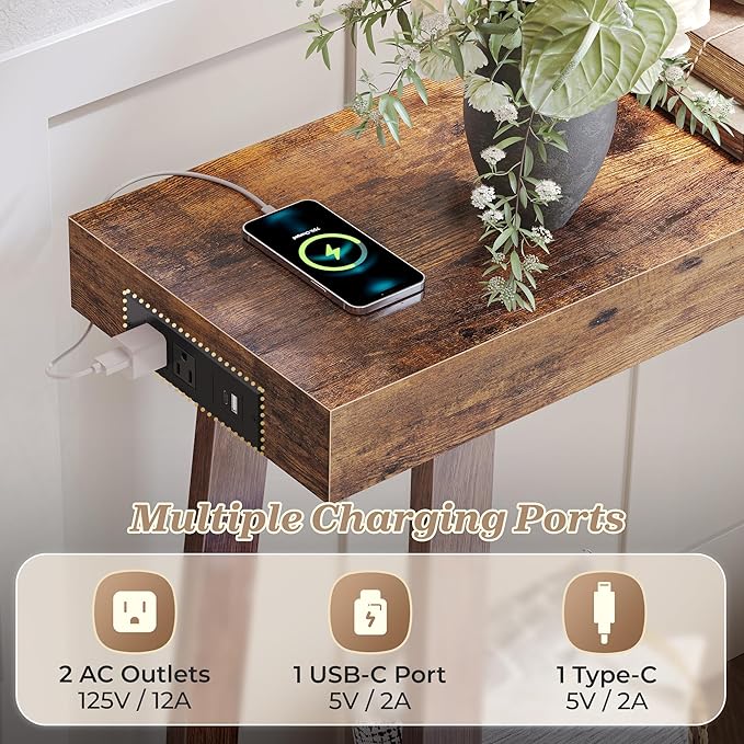 Huuger Entryway Console Table with Charging Station, USB-C Port, 39.4 Inch Sofa Table with Metal Legs, Entry Hallway Table with Thicker Desktop, Modern Behind Couch Table, Rustic Brown