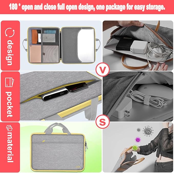Hseok Laptop Case 13.3-14 inch Breifcase Handbag, Water-Resisten & Shockproof Laptop Sleeve Compatible with MacBook Pro 14",MacBook Air/Pro 13.3"and 13"-14" HP,Dell,Lenovo,Asus,Acer,Light gray-yellow