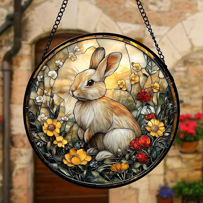 Stained Glass Window Hanging - Rabbit Flowers Suncatcher Ready to Hang Window Doors Home Decoration, Easter, Mother's Day Birthday Gifts for Women, Men, and Mom 11.8x11.8 in