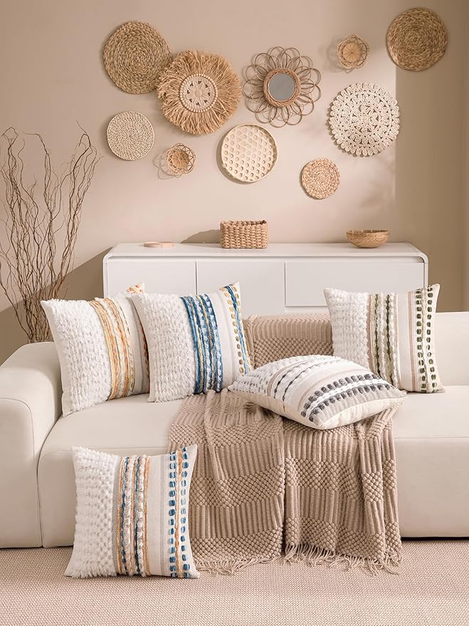 KOOLIFE Fall Boho Chenille Tufted Throw Pillow Covers 18x18 Inch Set of 2 Farmhouse Striped Couch Decorative Pillow Covers Accent Neutral Pillowcase Yellow Orange Cushion Cover for Livingroom Sofa Bed