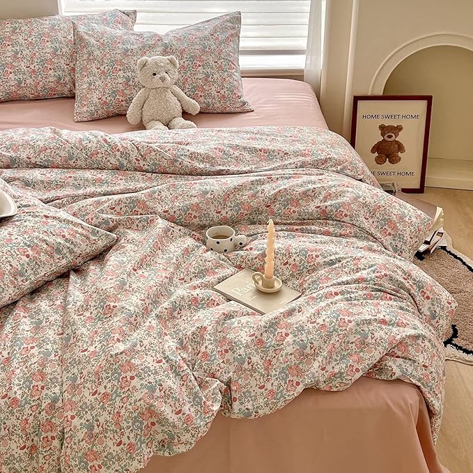 LIFETB Boho Floral Duvet Cover King Soft Cotton Aesthetic Bedding Sets French Style Pink Blue Flower Branches Chic Shabby Garden Comforter Botanical Size King(104/ inchsx90/ inchs)