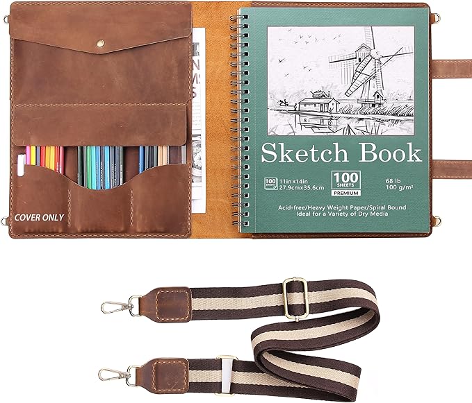 Robrasim Handmade Leather Sketchbook Cover, Artist Sketch Pad Holder for 11"X14" Sketchbook, Drawing Book and Pencil Case, Journal Notebook Portfolio with Shoulder Strap, Artist Gifts, Brown